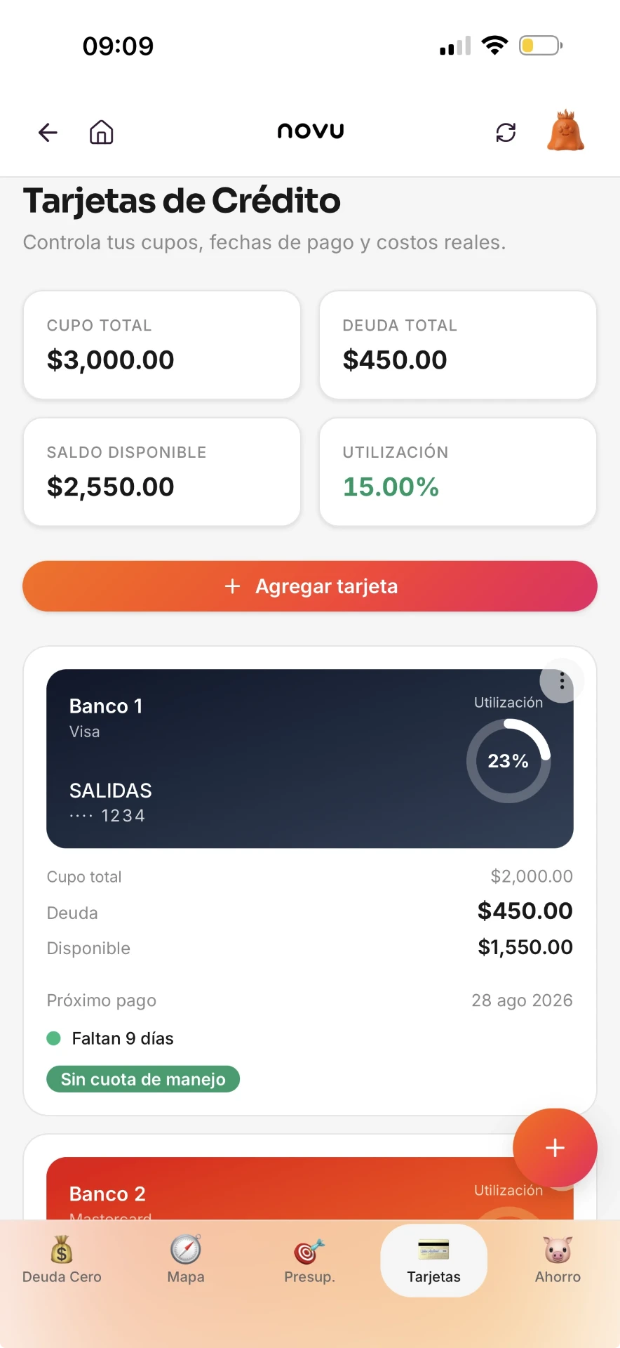 Pantalla de Tarjetas de Crédito en la app novu